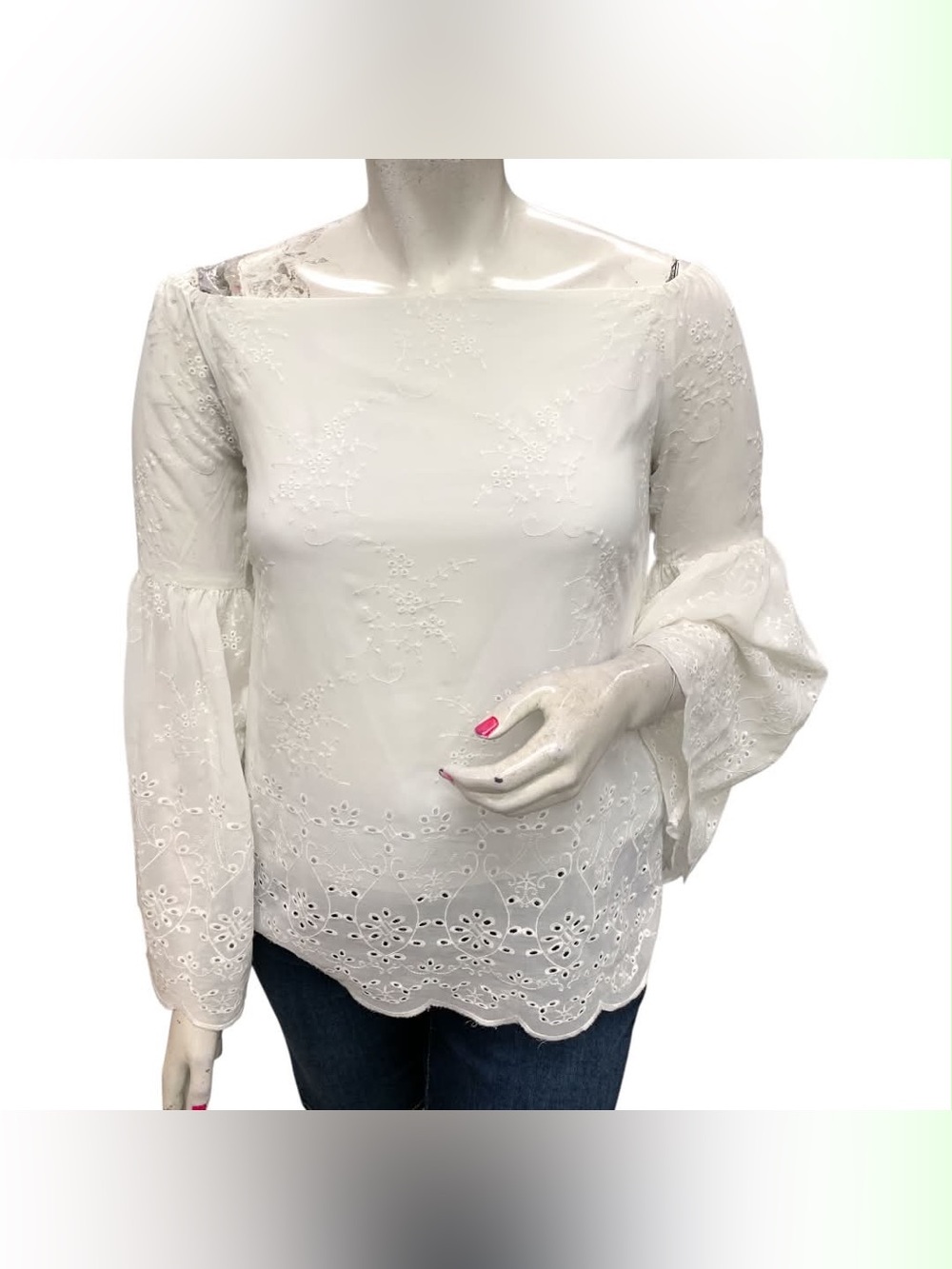 Adiva White Eyelet Embroidered Bell-Sleeve Blouse Size Xl